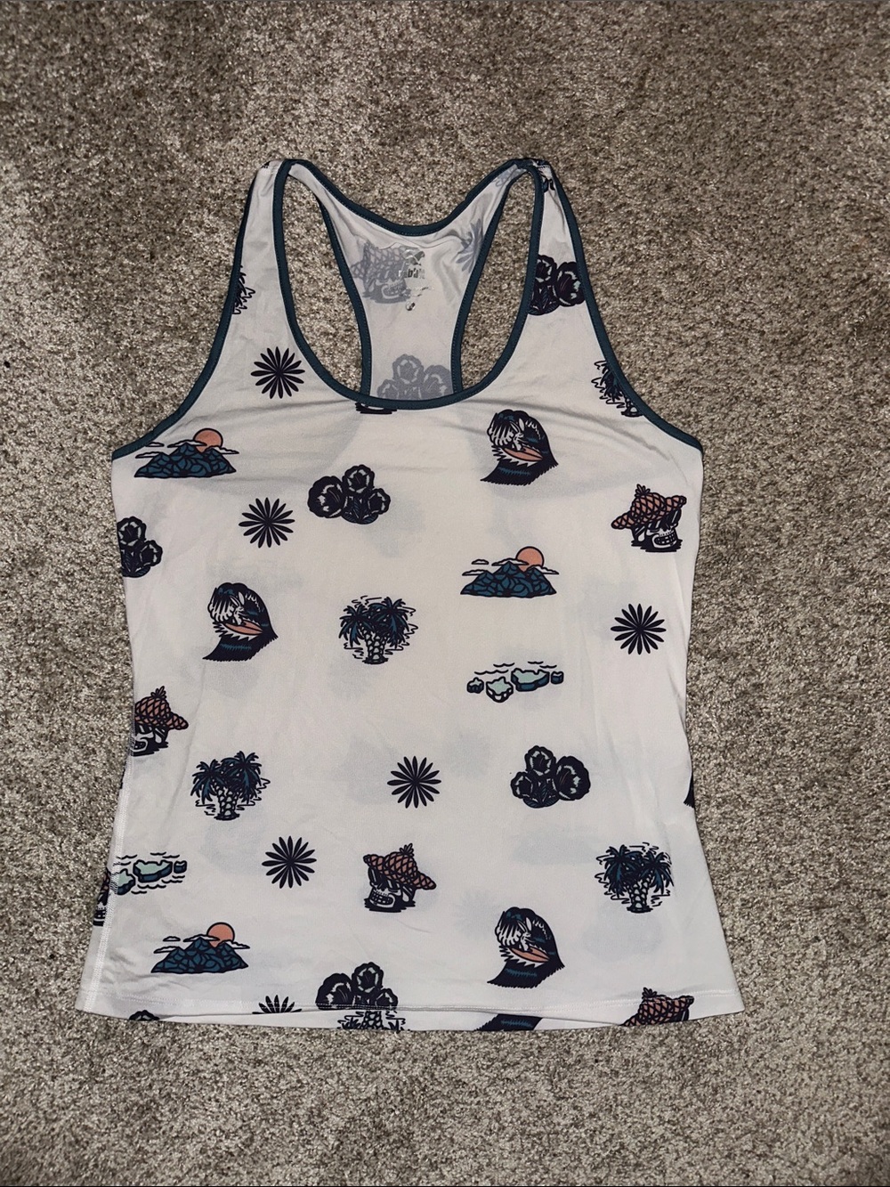 White Graphic Racerback Tank Top with Navy Trim